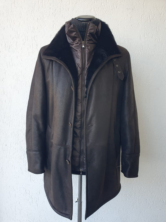 Giaccone in Shearling Rasato e Scamosciato Testa Moro con Pettorina in Piuma D'oca