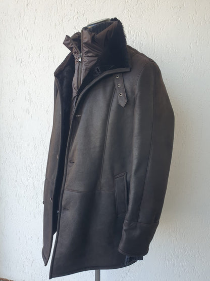 Giaccone in Shearling Rasato e Scamosciato Testa Moro con Pettorina in Piuma D'oca