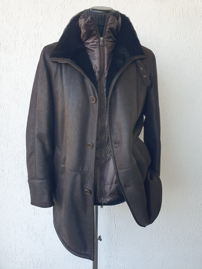 Giaccone in Shearling Rasato e Scamosciato Testa Moro con Pettorina in Piuma D'oca