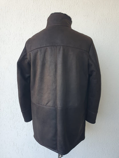 Giaccone in Shearling Rasato e Scamosciato Testa Moro con Pettorina in Piuma D'oca