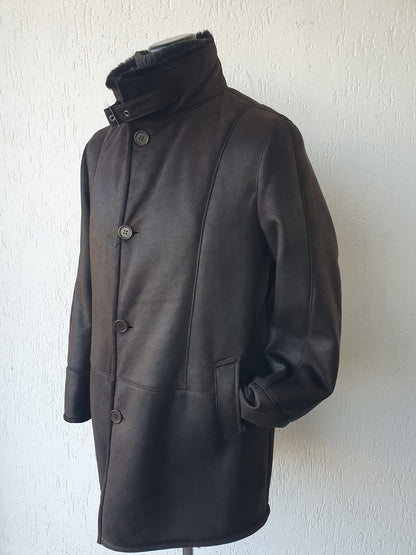 Giaccone in Shearling Rasato e Scamosciato Testa Moro con Pettorina in Piuma D'oca