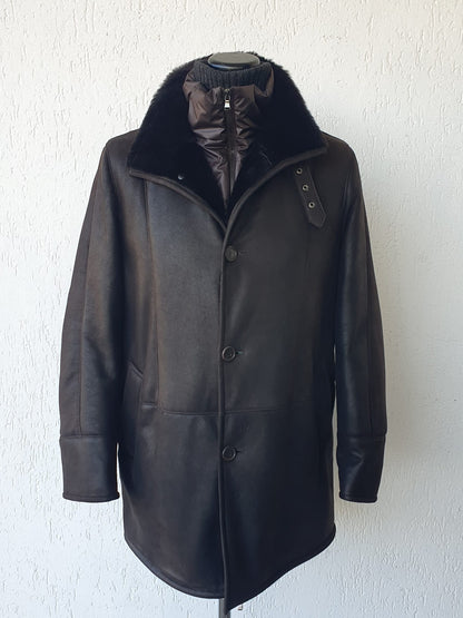 Giaccone in Shearling Rasato e Scamosciato Testa Moro con Pettorina in Piuma D'oca