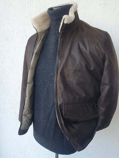 Giacca in Renna Vintage Blu con Collo in Montone e Interno in Vera Piuma d'Oca