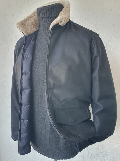 Giacca in Renna Vintage Blu con Collo in Montone e Interno in Vera Piuma d'Oca