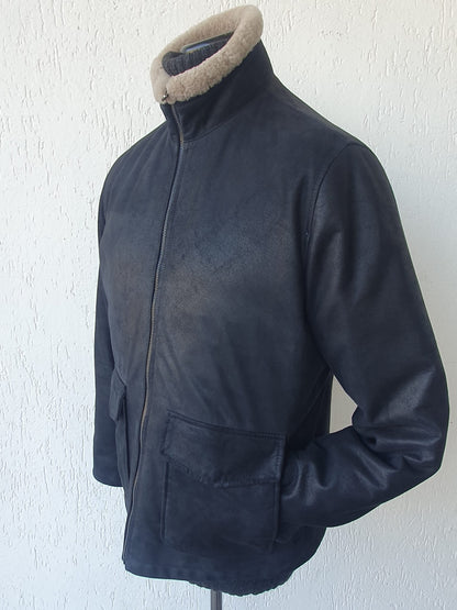 Giacca in Renna Vintage Blu con Collo in Montone e Interno in Vera Piuma d'Oca