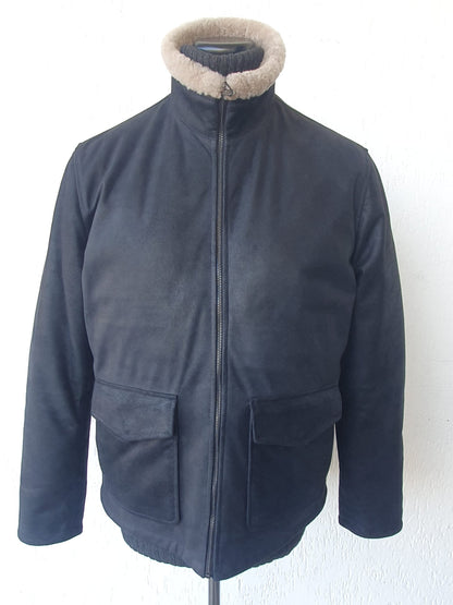 Giacca in Renna Vintage Blu con Collo in Montone e Interno in Vera Piuma d'Oca